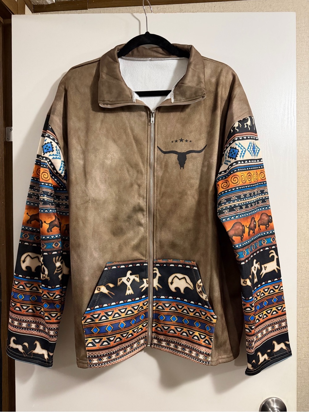 Men's Brown Western-Style Zip Jacket with Patterned Sleeves